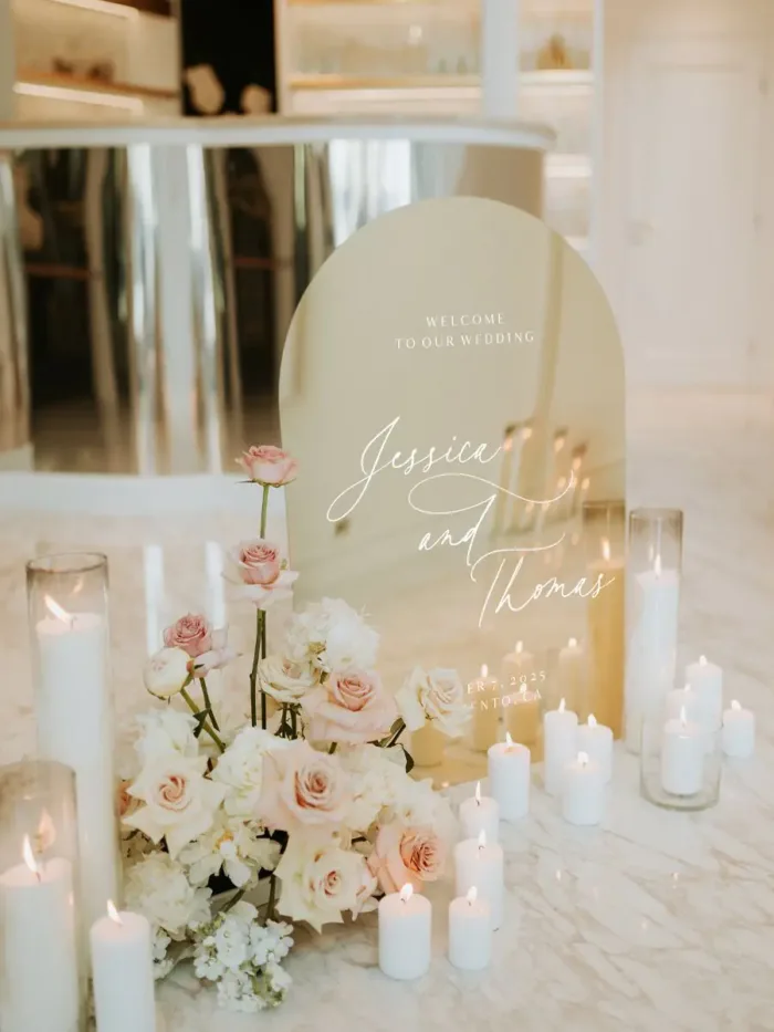Ultimate Luxury Arched Gold Mirror Welcome Sign (A1/A0 Hire)