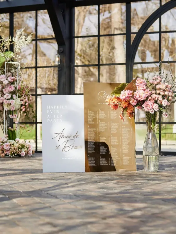 Ultimate Contrast Signage Bundle: Frosted & Gold Mirror Acrylic Welcome Sign/Seating Chart Hire